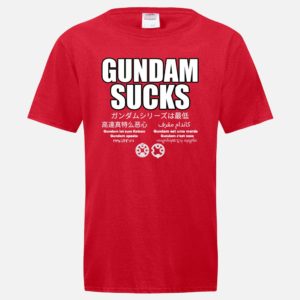 Red shirt reading "Gundam Sucks" in English with various other language renditions following in columns.