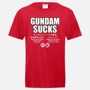 Red shirt reading "Gundam Sucks" in English with various other language renditions following in columns.