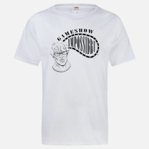 White shirt. Design of an angry and frustrated man with the logo "Gameshow Impossibru"