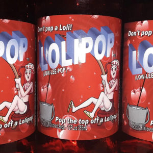 Several bottles of Lolipop soda. Features design of mascot Lola fishing in a bucket.
