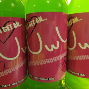 Three bottles of UwU, lime flavored soda.